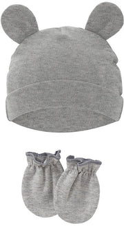 Set per neonato con copricapo e guantini, protezioni auricolari in cotone con funzione antiscuottimento, adatti per bambini da 0-1 anno, diametro massimo 15,5 cm, colore grigio