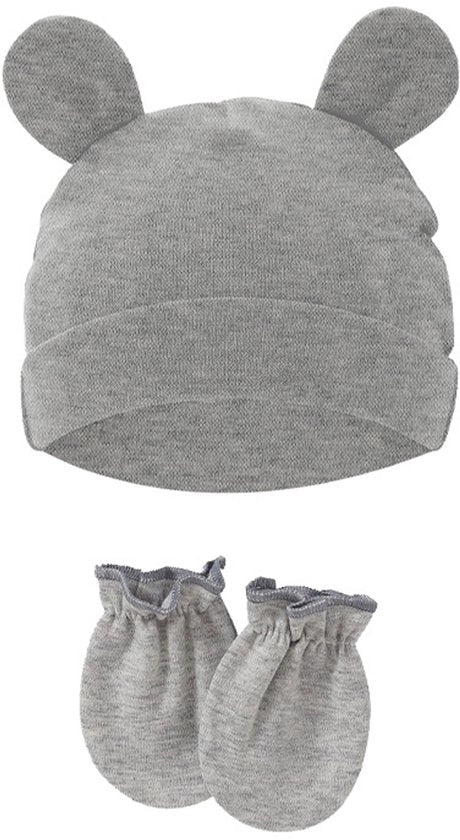 Set per neonato con copricapo e guantini, protezioni auricolari in cotone con funzione antiscuottimento, adatti per bambini da 0-1 anno, diametro massimo 15,5 cm, colore grigio