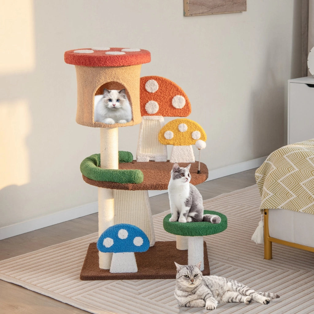 Albero per gatti a fungo 4-in-1 con condo, piattaforma e palla a molla, Torre multi-livello per gatti Colorato-Alberi Tiragraffi