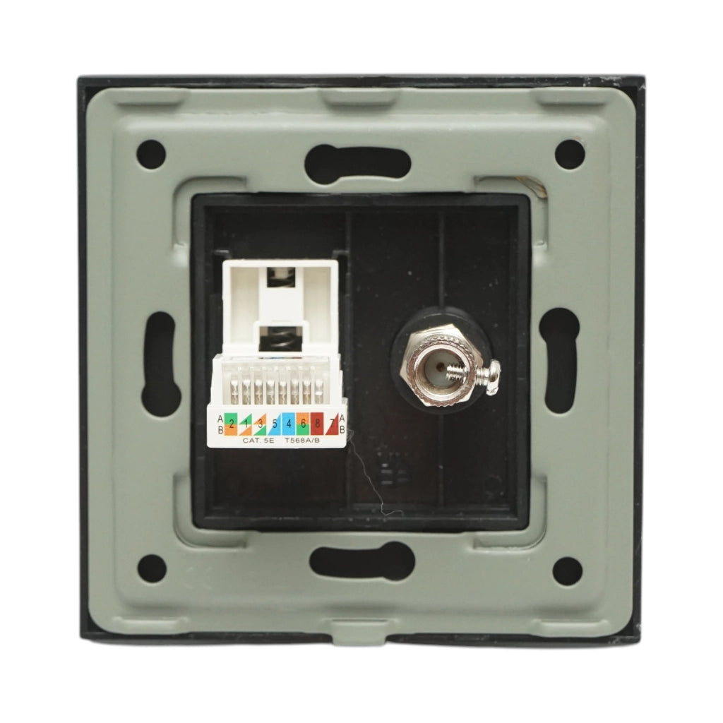 Presa TV + internet CAT5e RJ45, cornice in vetro nero 86x86mm