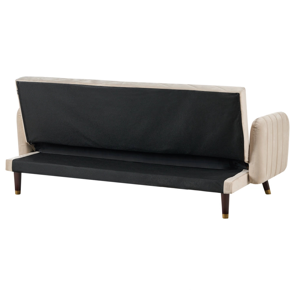 Divano Letto Tessuto Velluto Beige Soggiorno Retrò 3 Posti Gambe In Legno Bracci Pista