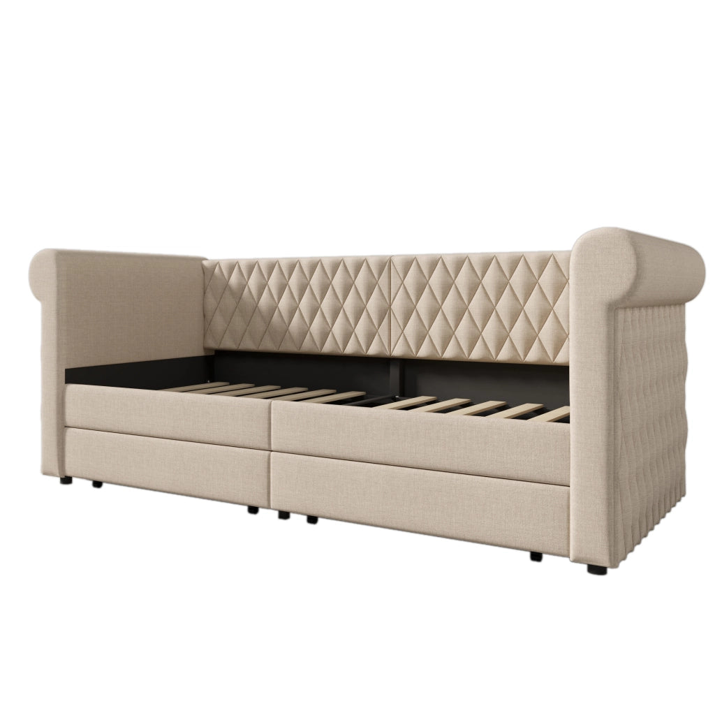 Letto daybed vintage 90x200 cm in lino beige con 2 cassetti, rete a doghe, senza materasso