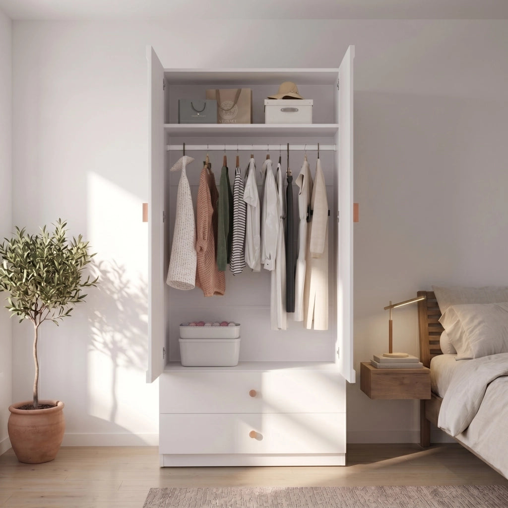Armadio guardaroba 2 ante con 2 cassetti e appendiabiti 90x45x200 cm bianco