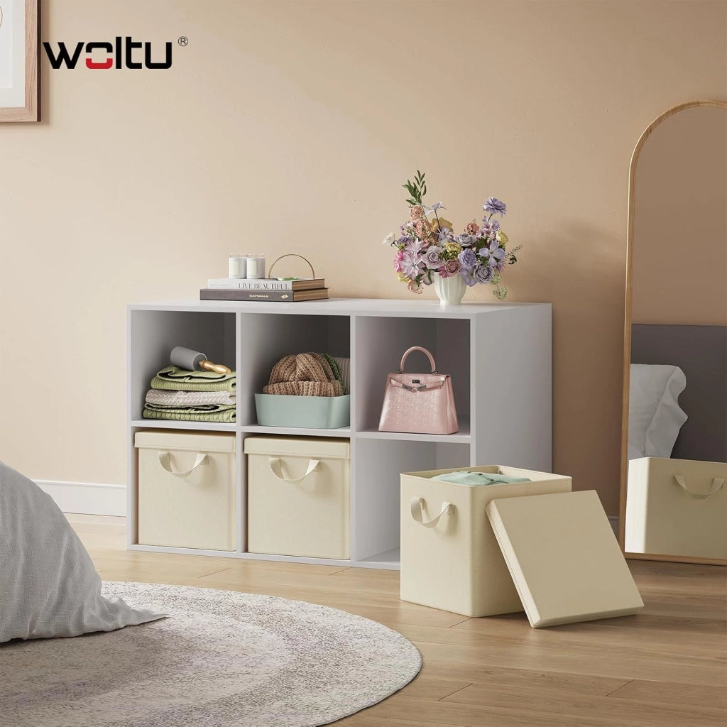 Scatole Contenitori Pieghevoli Set di 10, Cubi in Tessuto con Manico, Coperchio e Struttura in Metallo, Organizer per Armadio e Scaffale, Crema, 27x27x27cm
