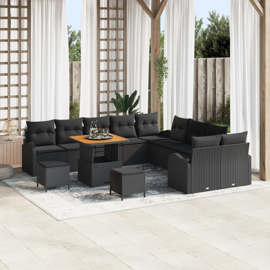 Set di Divano da Giardino  13 Pezzi con Cuscini Nero Polyrattan Acacia