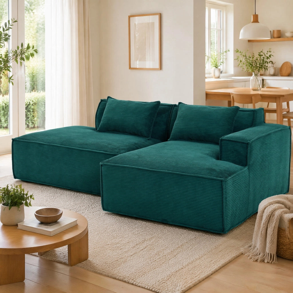 Divano diritto in poliestere con cuscini e seduta a molle per piccoli ambienti, verde retrò 235 cm