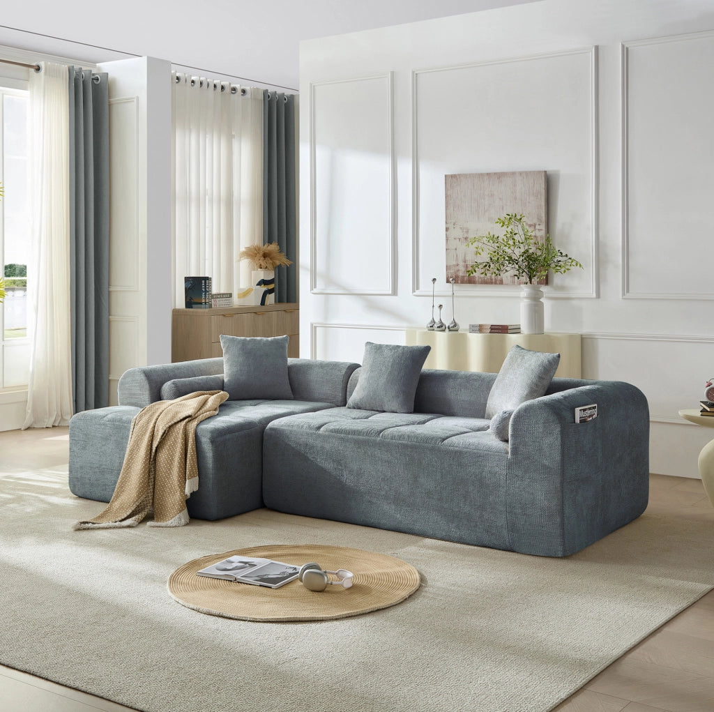 Divano in ciniglia blu con sistema a molle e schiuma ad alta densità