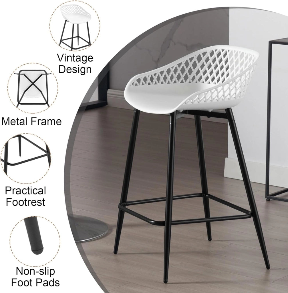 Sgabelli da Bar Set di 6, Sgabelli da Bar per Colazione, Sgabelli da Cucina con Poggiapiedi e Schienale, Sgabelli Alto con Seduta in Plastica, Bianco, BH417ws-6
