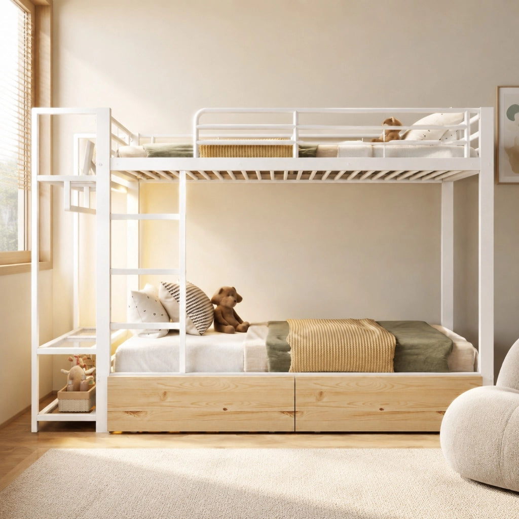 DESMIU Letto a castello 1 posto con 2 cassetti, mensole, barra appendiabiti e LED 90 × 200 cm, senza materasso