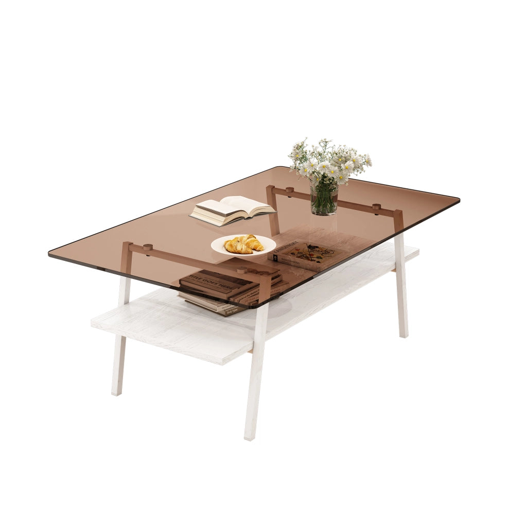 Tavolino basso rettangolare in vetro temperato con gambe in metallo bianco e base in MDF, per soggiorno, 98 × 58 × 42,5 cm