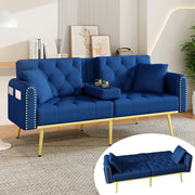 Divano letto convertibile con schienale regolabile, portabicchieri, tasca laterale e cuscini in velluto blu