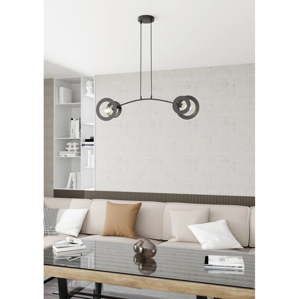 Lampadario 2 Luci Crono In Acciaio Nero A Bracci E Diffusori A Doppio Cerchio