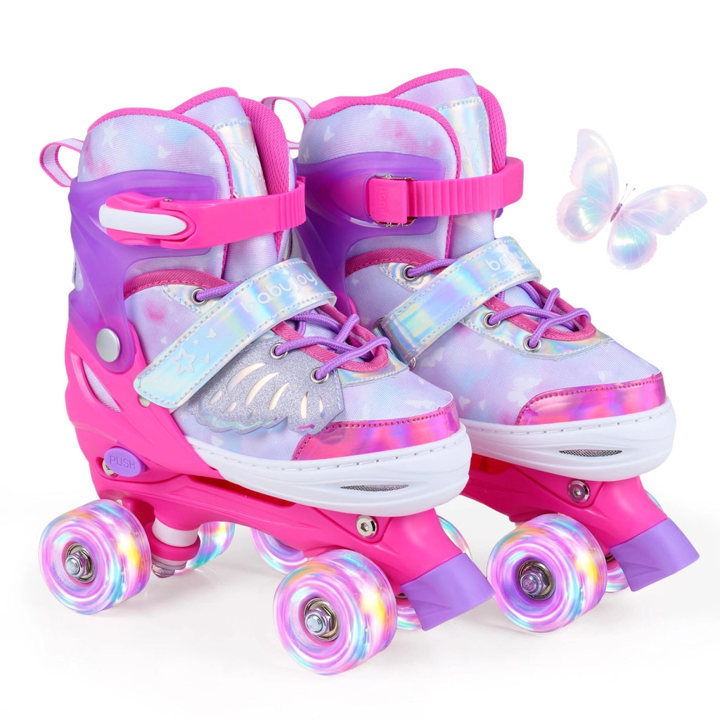 Pattini a rotelle per bambina con diversi strati protettivi e 4 ruote luminose con freno, Pattini a rotelle regolabili in 4 taglie Rosa M