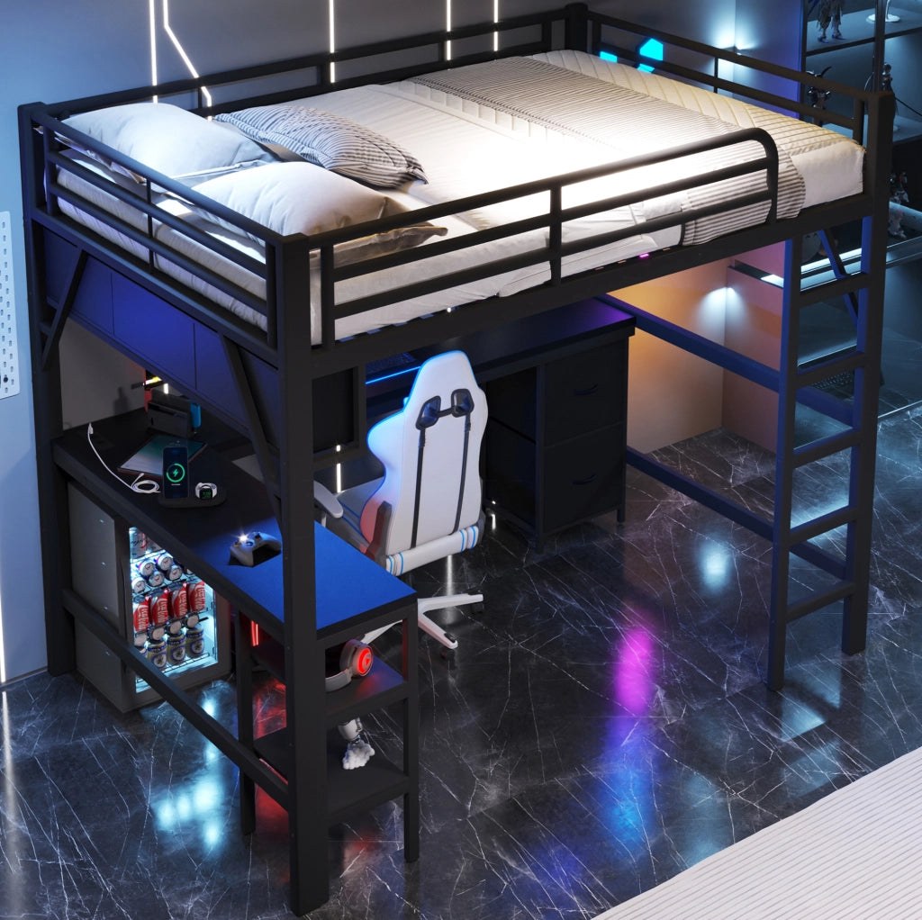 Letto a soppalco 140x200 cm con scrivania e LED in MDF e metallo nero