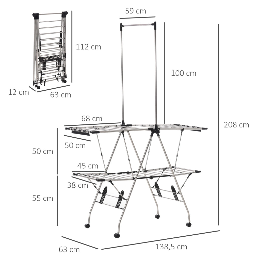 Stendibiancheria pieghevole con ruote ¨C Xylo ¨C acciaio inossidabile 138,5x63x208 cm argento nero