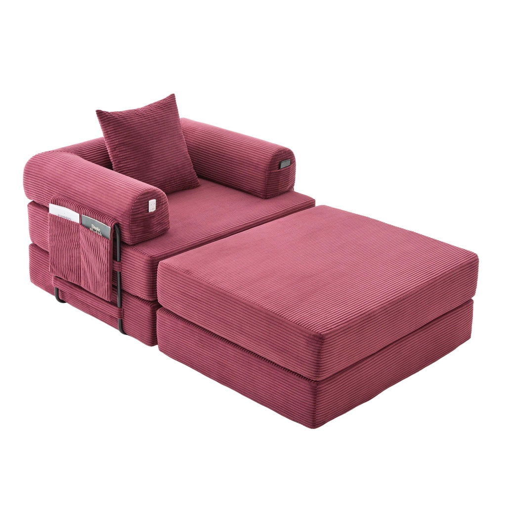 Divano modulare in velluto a coste con pouf e cuscino; 112 × 190 × 67 cm; rosso vino