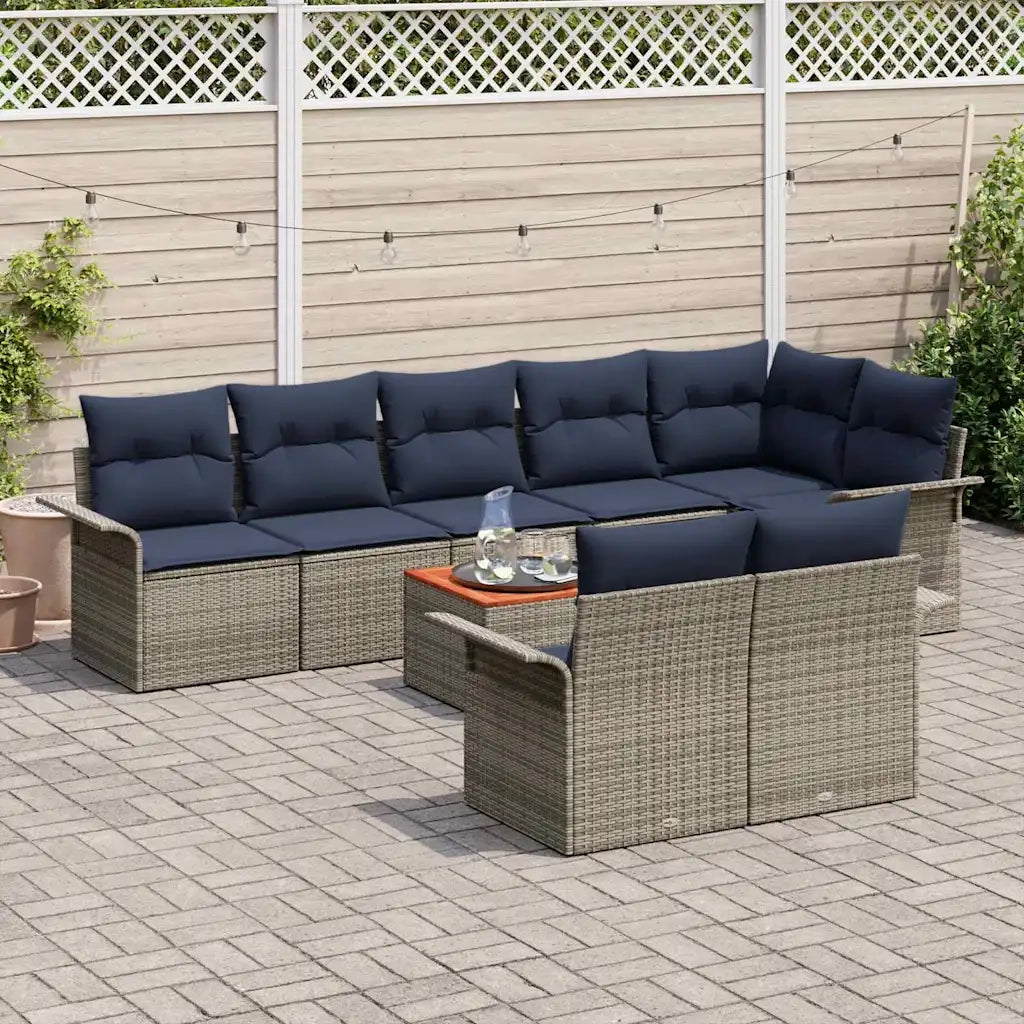 Set Divano da Giardino 9 pcs Grigio e Blu Navy polyrattan