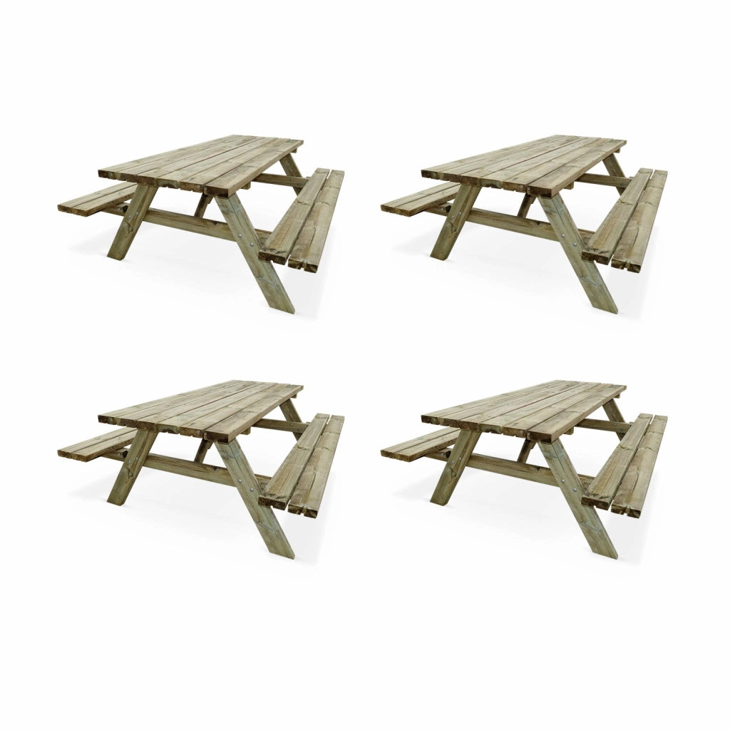 Set 4 tavoli da picnic in legno con 6 posti, marrone naturale