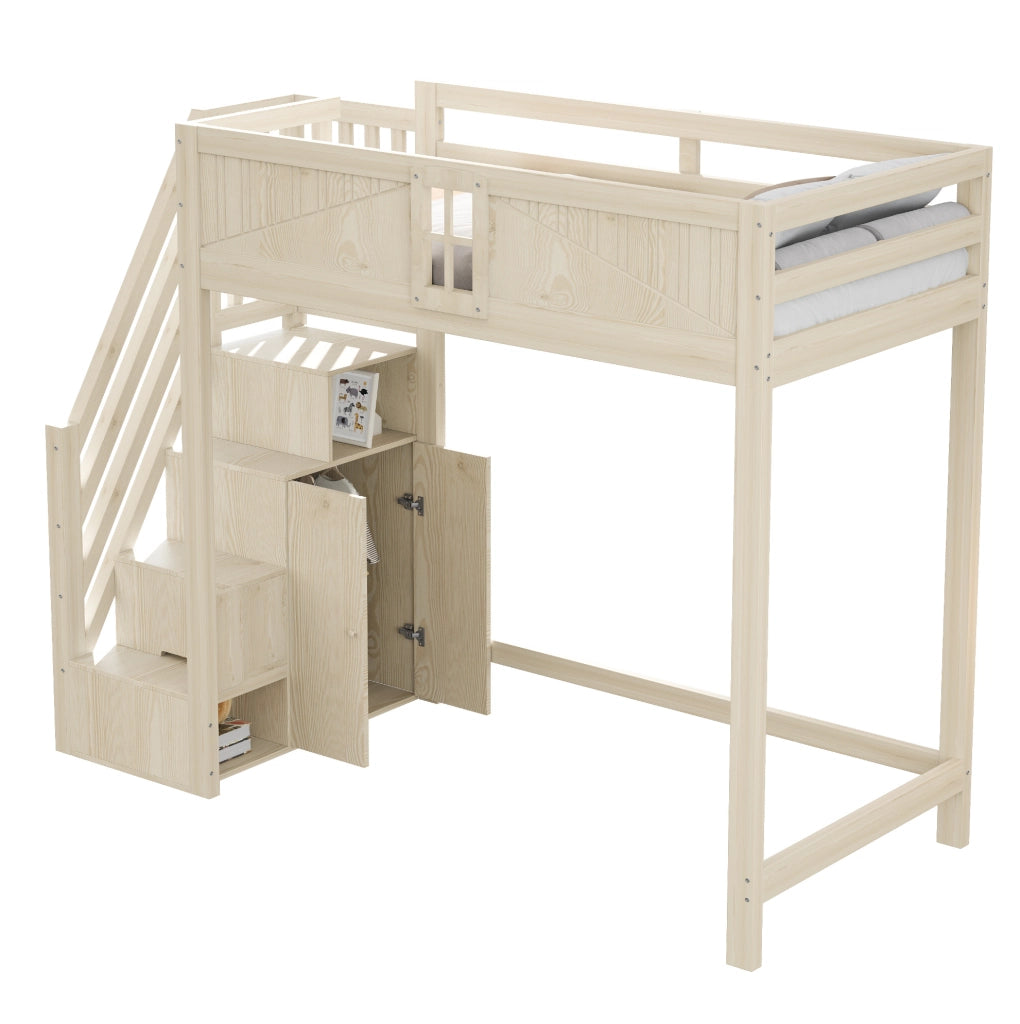 Letto a soppalco 90x200 cm in legno naturale con scala reversibile e vani contenitore