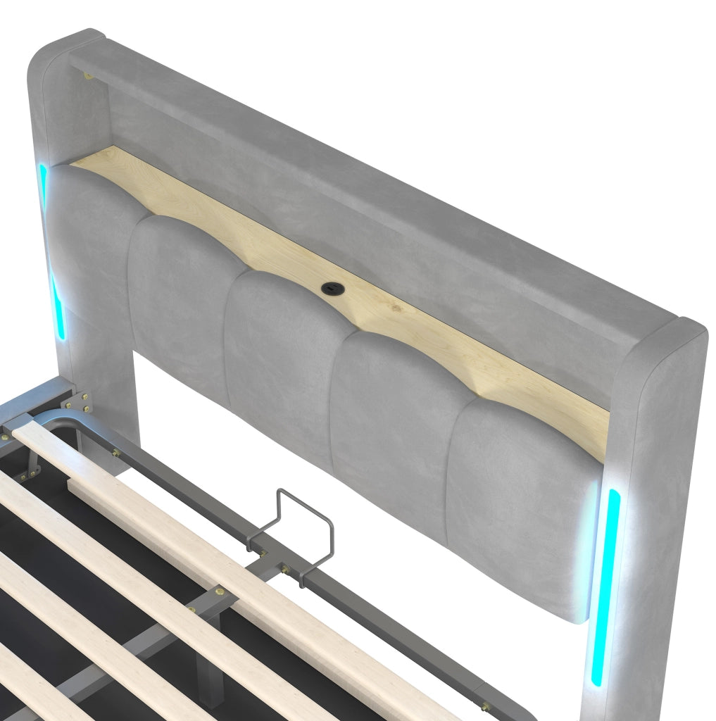 Letto imbottito ULEVR 140x200 cm con contenitore idraulico, LED, USB e Type-C, velluto grigio