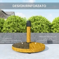 Base per Ombrellone a 4 Ruote con Freni, in Cemento e Metallo, Ø48x44 cm, Color Legno