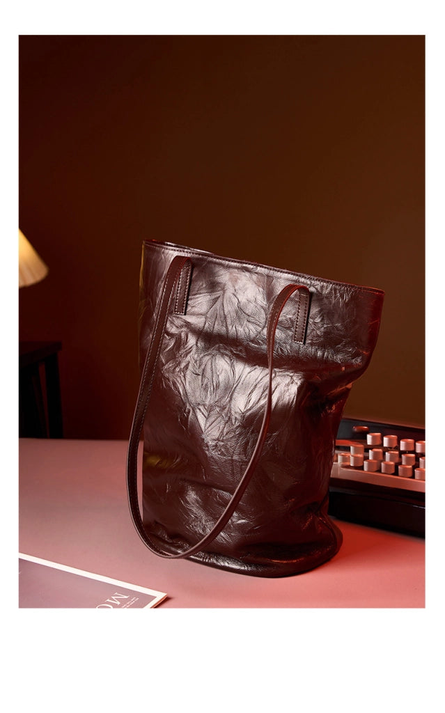 Borsa a secchiello da donna in pelle di vacchetta, grande capacit¨¤, stile retr¨°, borsa a tracolla, marrone