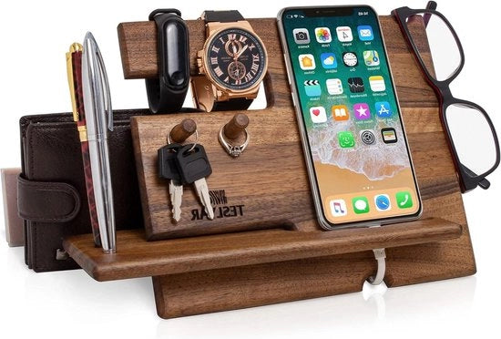 Stazione di Caricamento per Telefono in Noce con Supporto per Chiavi e Stand per Portafoglio - Organizzatore per Orologi per Uomini - Regalo di Compleanno per Marito e Padre - Accessori Uomini