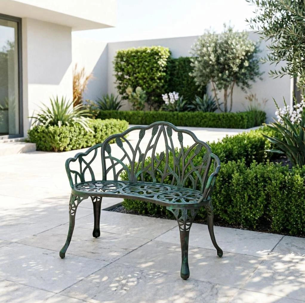 Panchina da giardino a 2 posti in alluminio pressofuso verde antico 99x57x78 cm