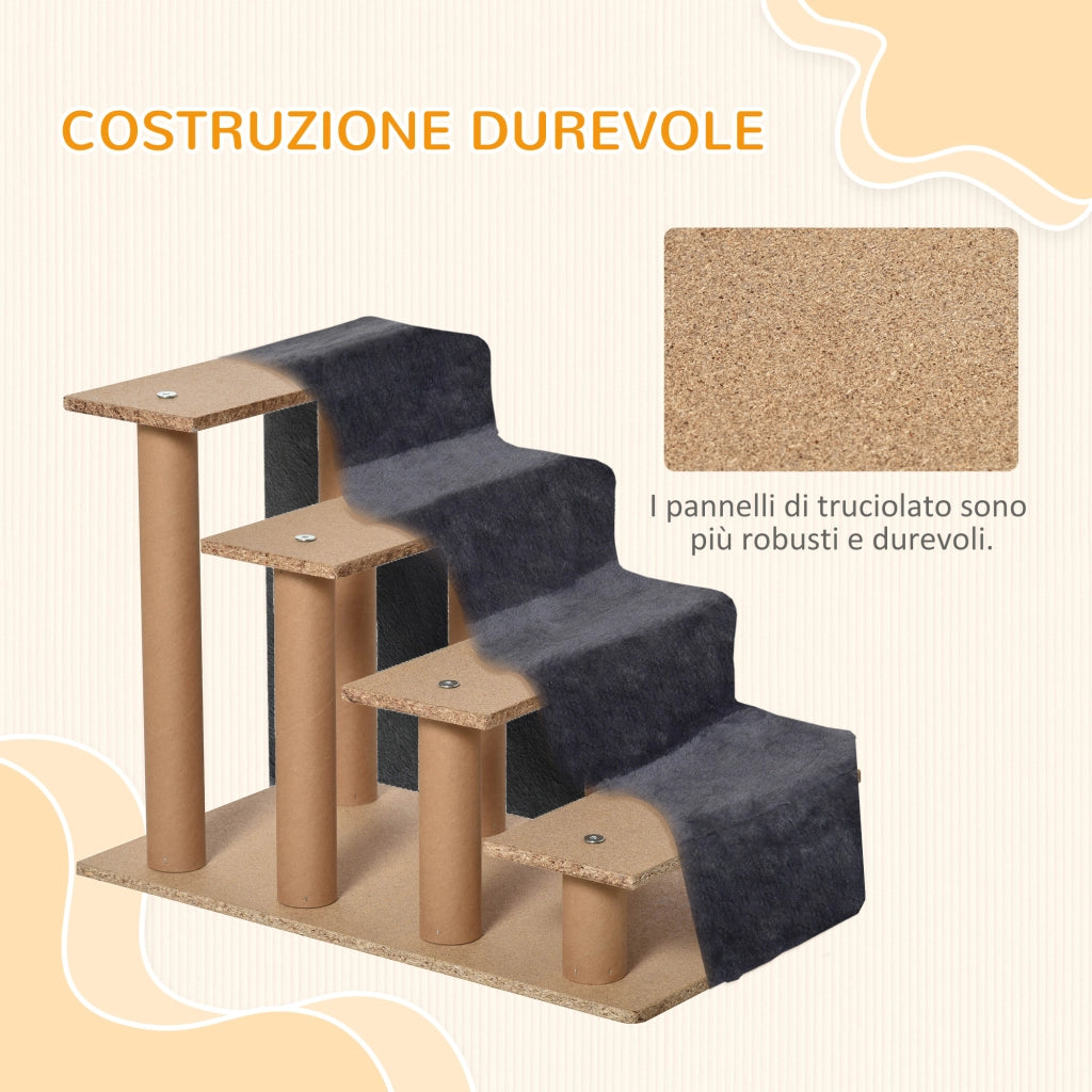 Scaletta per Cani Portatile a 4 Gradini 60x35x44 cm in Tessuto Vellutato Sfoderabile e Legno Grigio Scuro