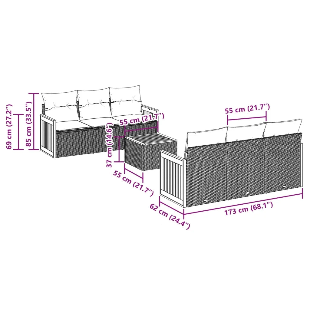 Set Divani da Giardino 7 pz con Cuscini Beige in Polyrattan