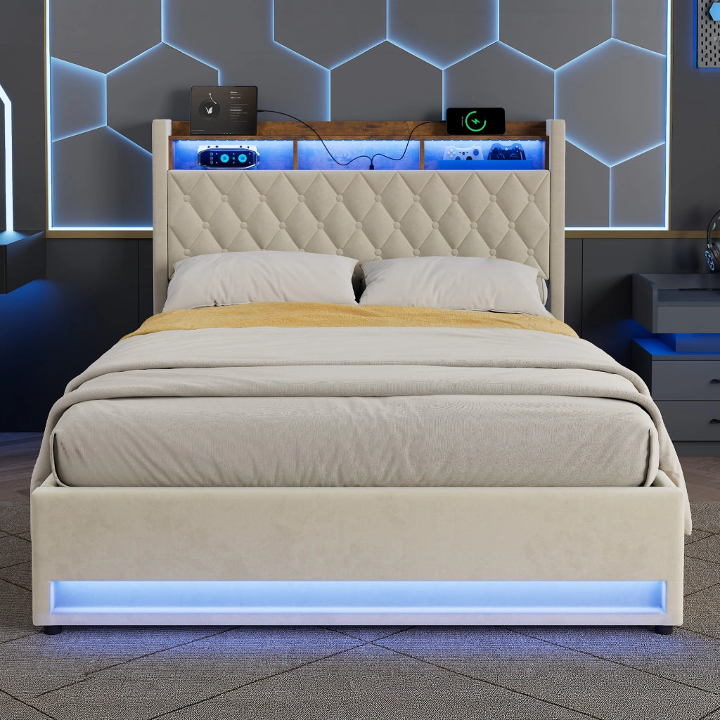 Letto imbottito in velluto beige 140 × 200 cm con rete a doghe e testiera, struttura in mdf e ferro