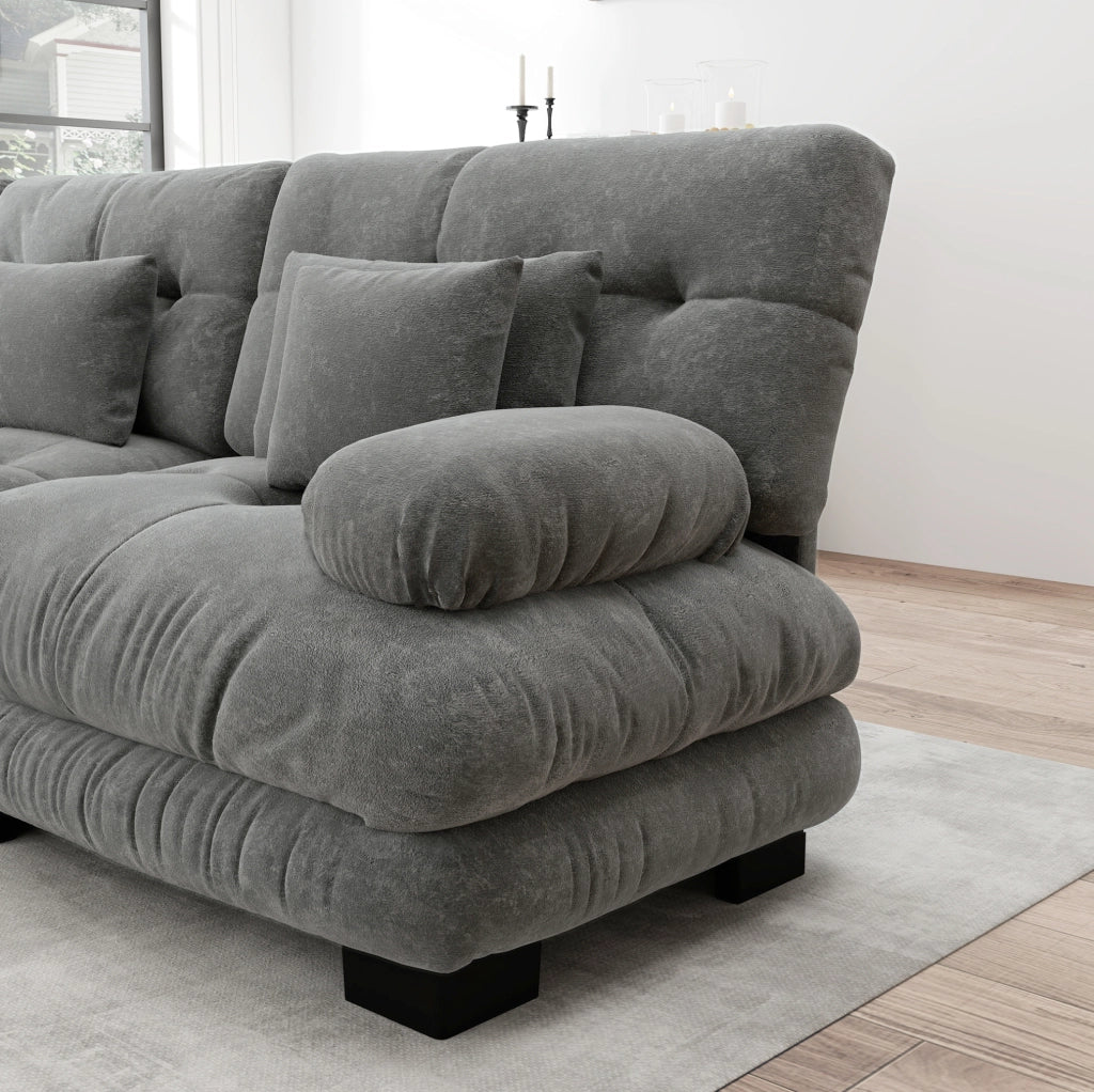 Divano modulare in chenille grigio con 2 pouf; 2 cuscini lombari e 2 cuscini decorativi