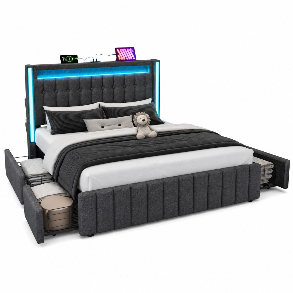 Letto matrimoniale 140x200 cm in lino grigio con USB; LED e 4 cassetti