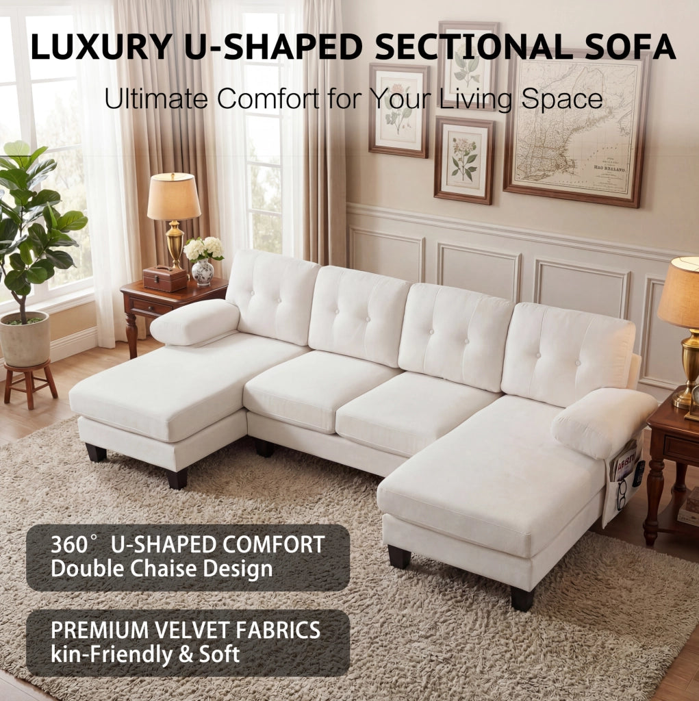Divano a U per 4 persone in tessuto ciniglia beige con doppia chaise longue e cuscini comodi