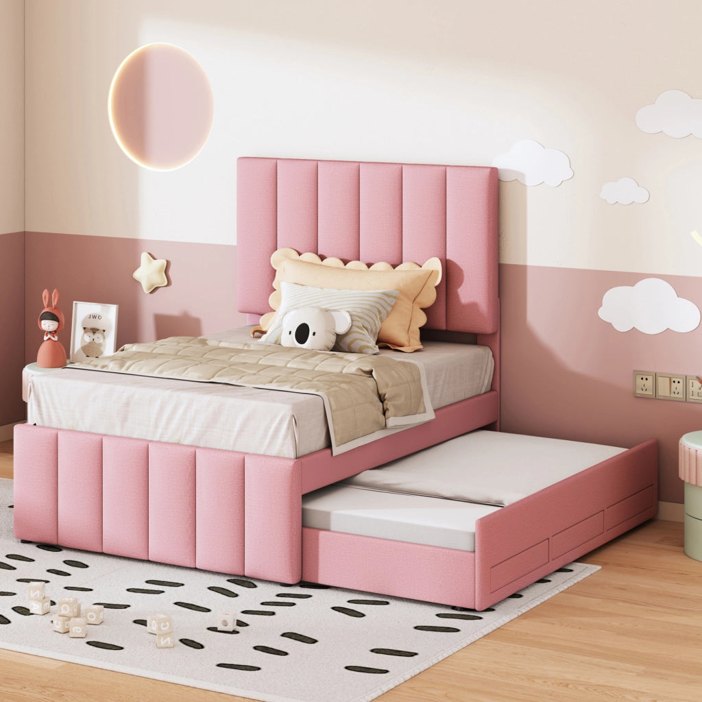 Letto imbottito singolo 90x200 cm con letto estraibile e 3 cassetti; rosa