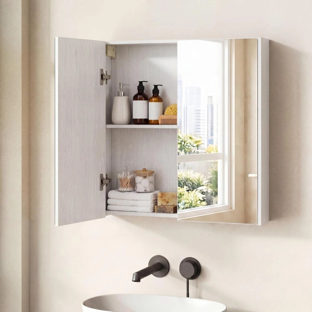 Armadietto da Bagno con Specchio, Mobiletto da Parete in Legno a 2 Livelli, Mobile da Bagno Salvaspazio con Doppia Anta per Camera da Letto, Ingresso e Soggiorno, 62 x 11 x 65 cm (Bianco)