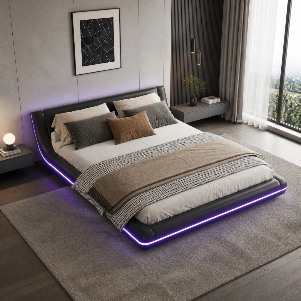 DESMIU Letto basso 160 × 200 cm 1 posto con illuminazione LED regolabile, telecomando 24 tasti, senza materasso, in PU, nero