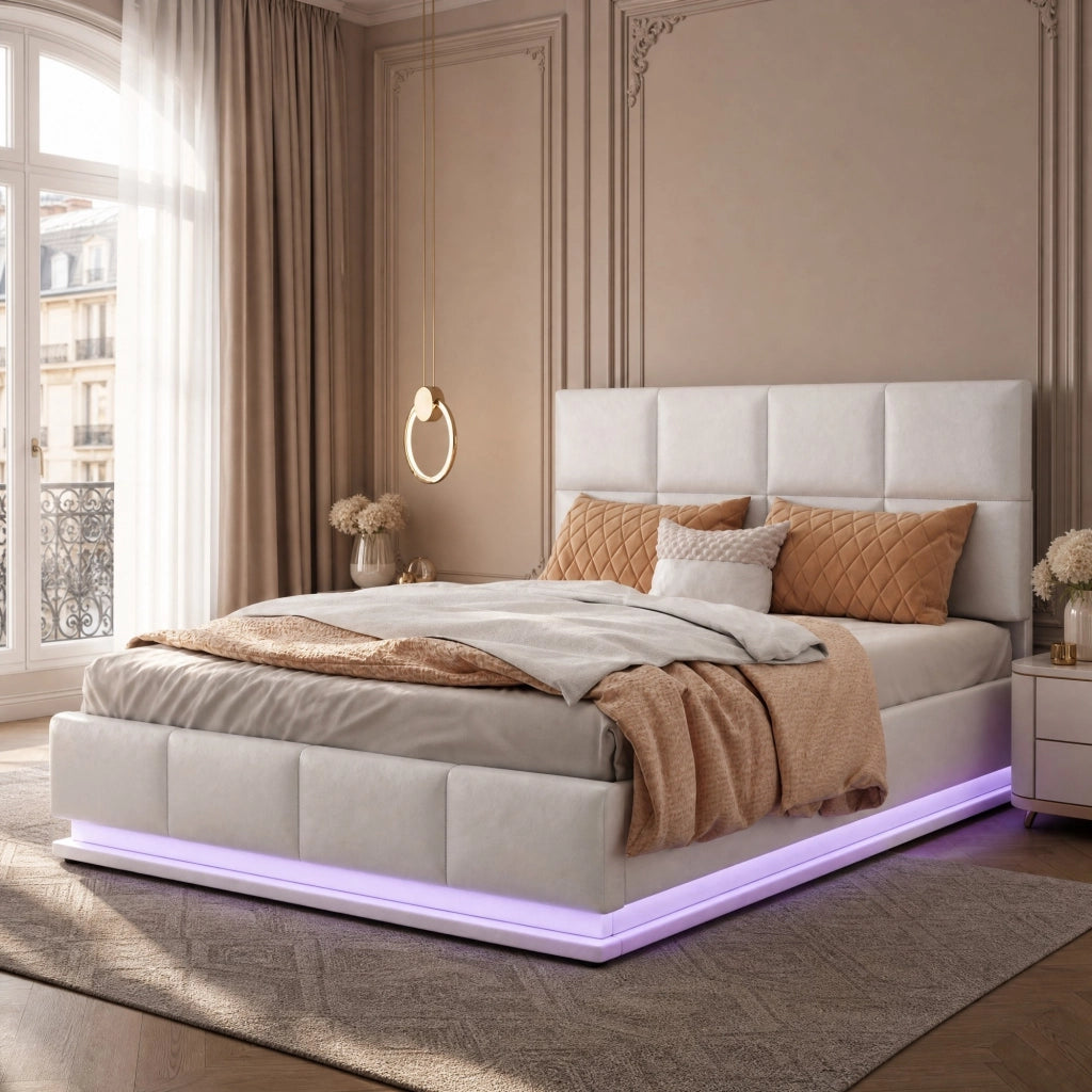 Letto matrimoniale 140x200 cm con LED; contenitore idraulico e rivestimento in similpelle bianco