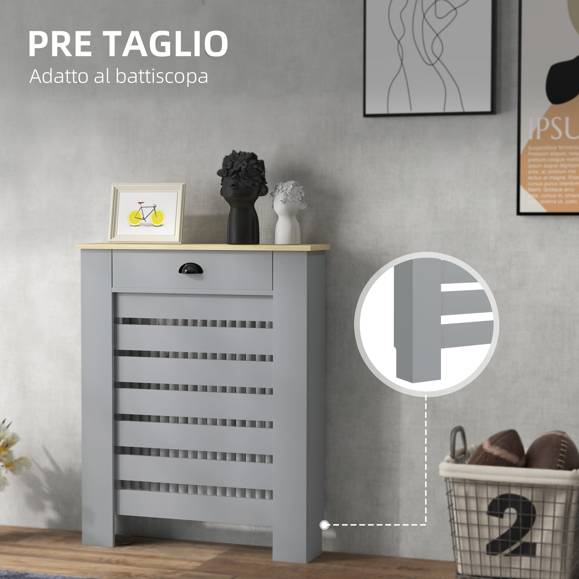 Copritermosifone a Doghe 78x19x95.5 cm Copricalorifero a Griglia con Cassetto in MDF Grigio