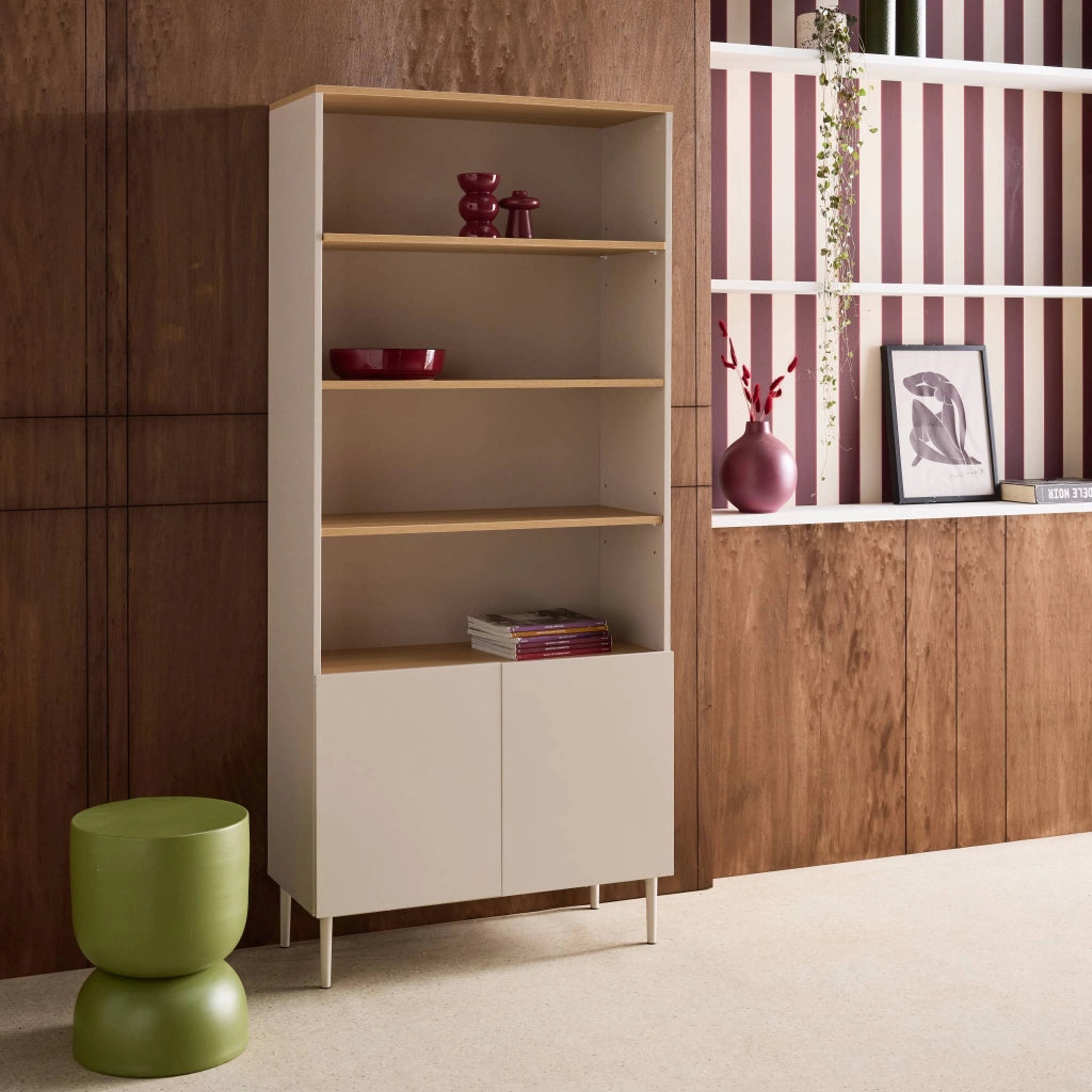 Libreria in metallo e decorazione in legno a 6 livelli, beige