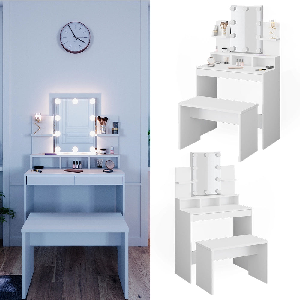 Vicco Tavolo da toeletta Bianco 80 cm con illuminazione a LED e panca