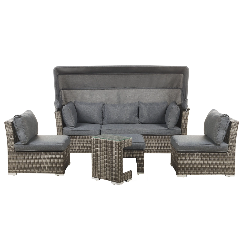 Set da giardino per esterni Divano in rattan PE grigio marrone scuro con sedie a baldacchino e tavolino Design moderno