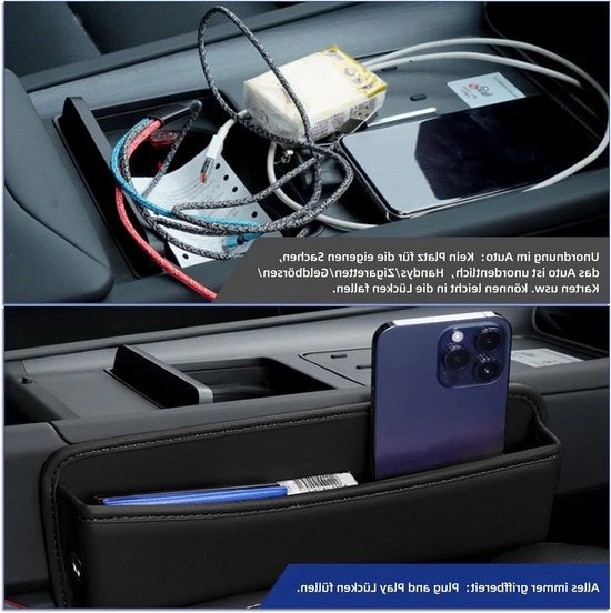 Organizzatore di stoccaggio per accessori di auto con imbottitura in pelle premium, fori per auto, SUV, camion.