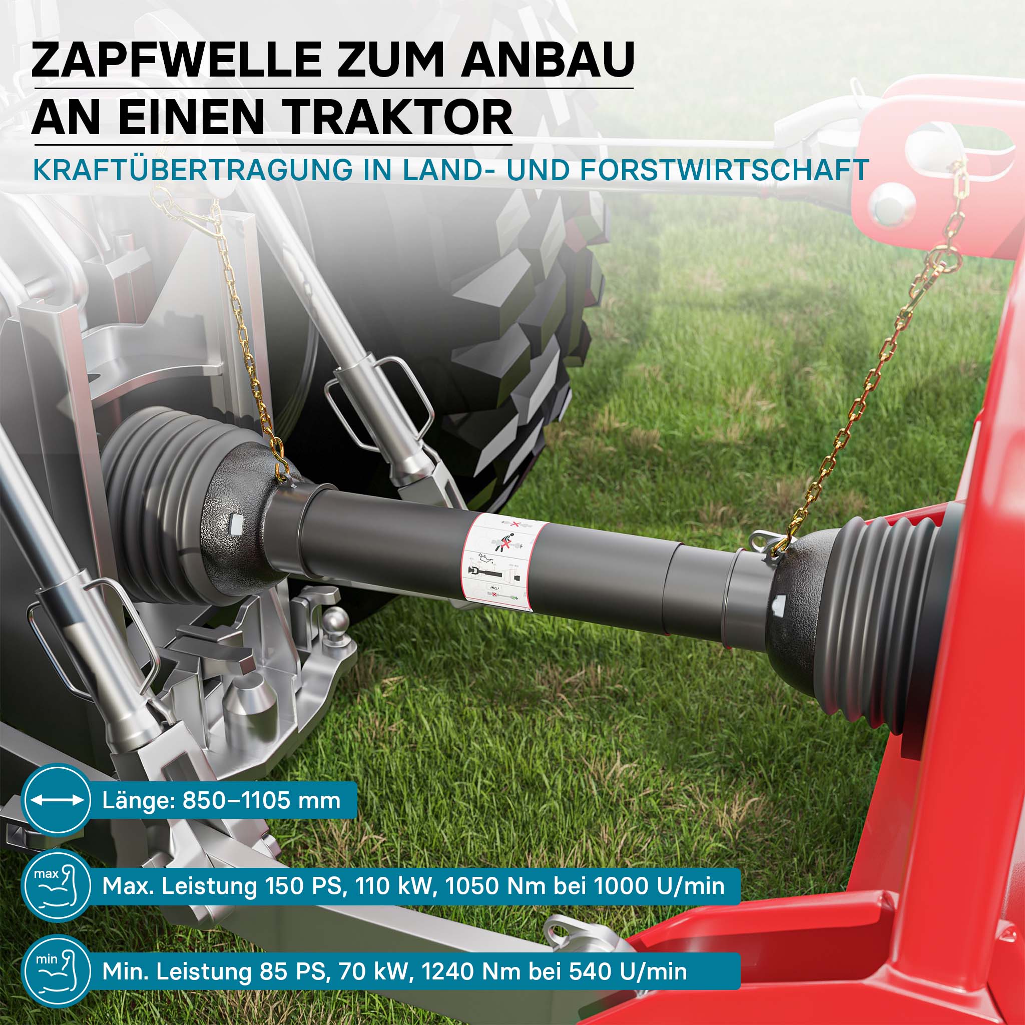 Albero cardanico T8 Giunto cardanico 850-935mm 1240Nm 540rpm Cardano 110kW 150CV 2x 1 3/8" Z6