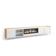 Mobile TV Soggiorno, 315x61x35 cm, Per TV fino a 80", Camino elettrico XXL, Design industriale, Bianco e Rovere soft