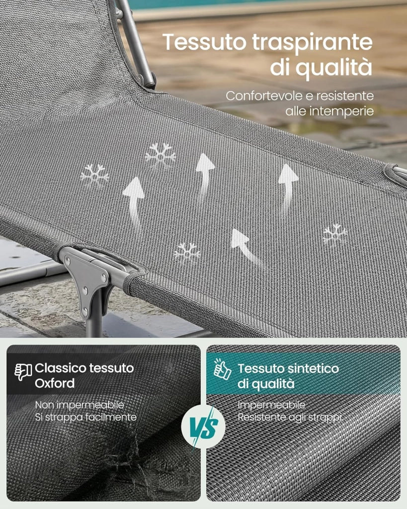 SONGMICS Set da 2 Sedie a Sdraio Pieghevoli, 189 x 53 x 28,5 cm, con Cusicni, Lettini Prendisole, Portata 110 kg Ciascuno, Parasole e Schienale Regolabili, per Terrazza e Balcone, Grigio GCB292GZ02