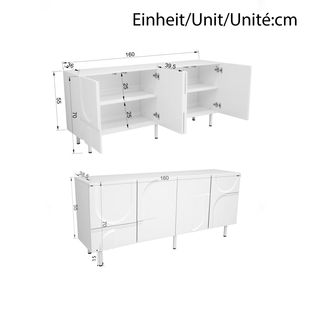 Credenza con 4 Ante e Piedini in Metallo; Design Geometrico Moderno con Curve Irregolari; in MDF e Pannello Truciolare; Bianca