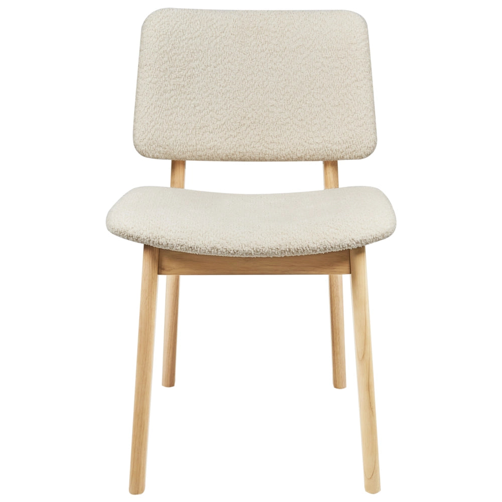 Set di 2 sedie da pranzo marrone chiaro e bianco sporco con struttura in legno di gomma e seduta bouclé, design retrò senza braccioli