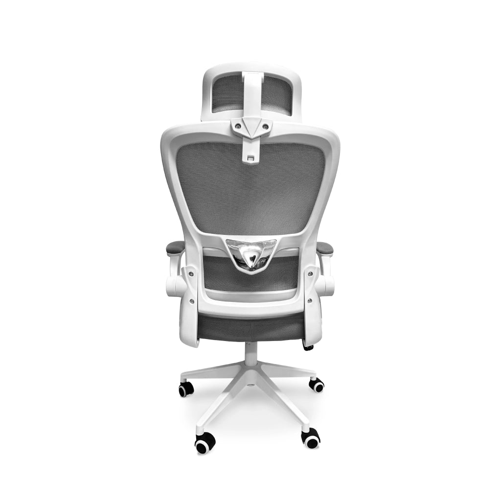 Lyn - Sedia da uffico ergonomica ad altezza regolabile, dotata di poggiatesta, imbottitura lombare e ruote girevoli - colore bianco e grigio