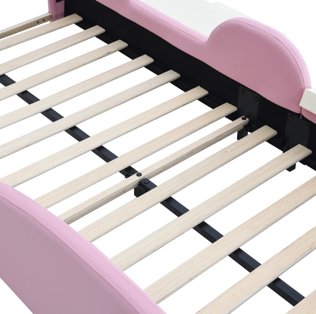 Letto imbottito per bambini ULEVR 90x200 cm con LED multicolore, scivolo e scaletta, PU rosa e beige